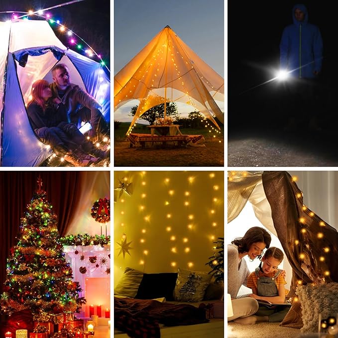 Camping String Lights 2 in 1 RGB & Warm String Lights 8 Lighting Modes Rechargeable String Lights Portable Camping Lights Camping Lantern Flashlight for Camping/Emergency/Outdoor/Indoor