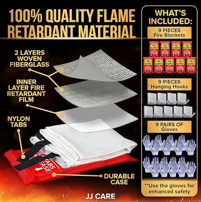 JJ CARE Fire Blanket – 9 Packs with Hooks and Gloves – Emergency Fire Blanket for Home & Kitchen, High Heat Resistant Fire Suppression Blankets for Home Safety, Kitchen, and Camping