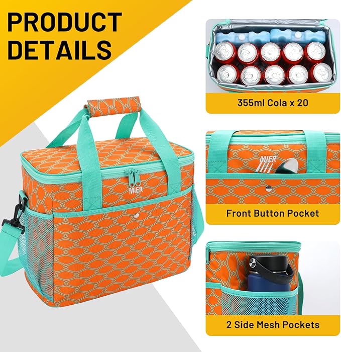 MIER 18L Large Soft Cooler Insulated Picnic Bag for Grocery, Camping, Car, Bright Orange Color