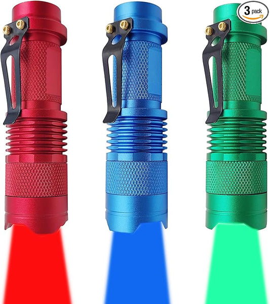 3 Pack LED Flashlight, Single Mode Red Green Blue Flashlight - Portable Mini Light Zoomable Flashlight for Fishing Outdoor Camping Hunting Emergency Lighting