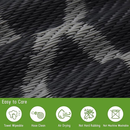 Easy-Going Reversible Outdoor Rugs 9x12ft Waterproof Plastic Straw Rug Stain & UV Resistant Floor Mat for Patio Porch RV Backyard Pool Deck Picnic Beach Trailer Camping (Moroccan Black & Grey)