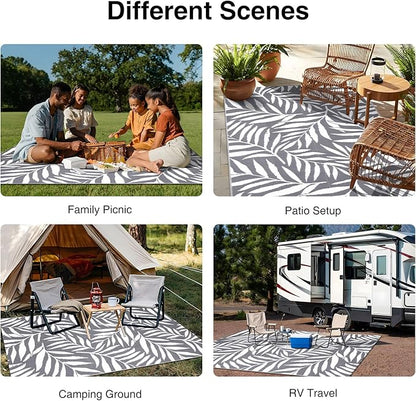 OLANLY Waterproof Outdoor Rug 5x8 ft, Reversible Outdoor Plastic Straw Rug with Leaf Pattern, RV Mat, Indoor Outdoor Carpet for Patio, Camping, Balcony, Deck, Backyard, Grey & White