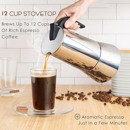 Mixpresso 12 Cup Greca Stovetop Espresso Maker 600ml/20oz, Moka Pot with Coffee Percolator Design, Stainless Steel Stove Top Coffee Maker for Camping or Home Use, Italian Coffee Maker Stovetop