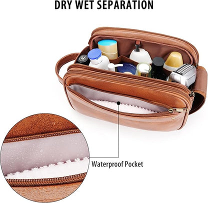 Travel Toiletry Bag for Men, Large Hanging Toiletries Organizer Bags for Women, Cruise Ship Essentials, Water-resistant Shaving Case, PU Leather Makeup Accessories, Cosmetic Dopp Kit, Brown