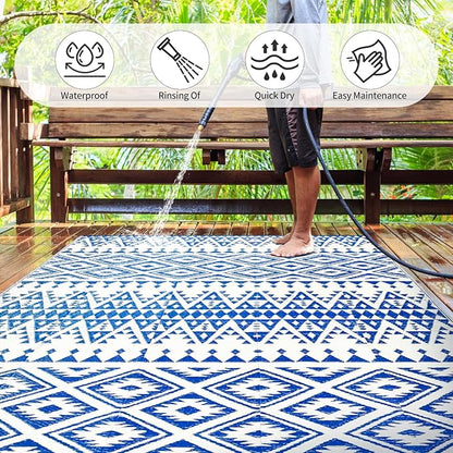 Waterproof Outdoor Rug 5x8ft, Bohemia Reversible Plastic Straw Mat for Patio RV Deck Porch Backyard Balcony Camping Picnic Beach Indoor Outdoor Carpet, Blue&White