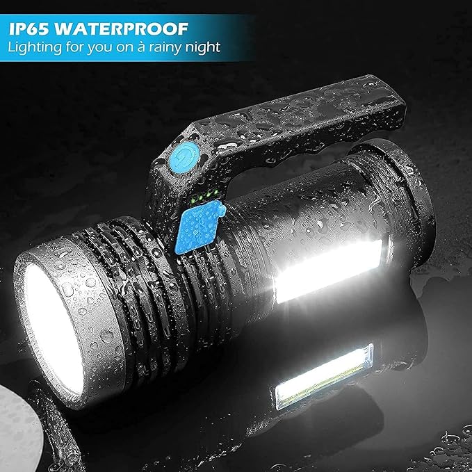 Wrrozz LED Flashlight High Lumens - USB Rechargeable Flashlight for Camping, Hiking, Walking - Powerful Emergency Flashlight with 4 Modes for Outdoor Use - Bright Flashlight with Sidelight Lantern