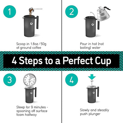 Coffee Gator French Press Coffee Maker 34oz, Double Insulated Stainless Steel Brewer plus Travel Jar Canister, Portable Hot Cold Brew Tea Cafetera for Coffee Bar Accessories Kitchen Camping, Black