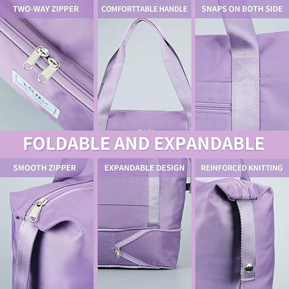Expandable Travel Duffel Tote Bag - Foldable Overnight Weekender, Carry-On, Swim & Gym Bag - Fits Spirit Airlines Personal Item Size - Lightweight, Waterproof & Durable with Trolley Sleeve,Purple