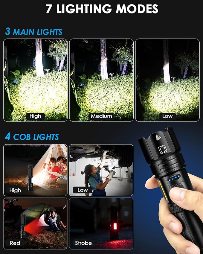 Flashlights High Lumens Rechargeable, 990000 Lumens Bright Flash Light, Powerful LED Flashlights, 15h Runtime, IPX7 Waterproof Flashlights for Home, Camping, 7 Modes
