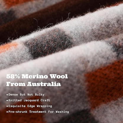ACUSHLA Merino Wool Blanket - Soft Warm Thick Washable Large Throw Blanket for Camping Bed Couch Outdoor Travel All Weather, Mosaic Plaid Grey 79X63