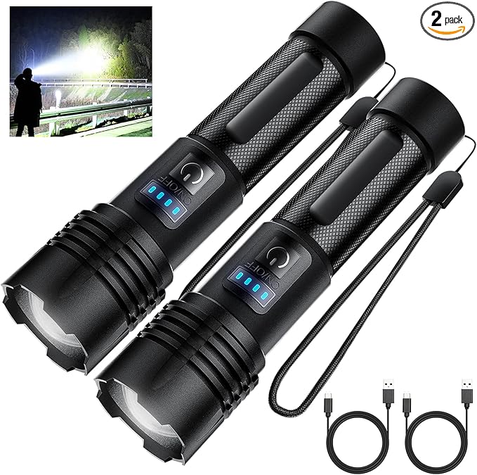 Flashlight High lumens Rechargeable 2 Pack, 900000 Lumens Super Bright Flashlight, IPX7 Waterproof, Tactical Flashlights High lumens, Powerful Flashlights for Camping Home Emergencies