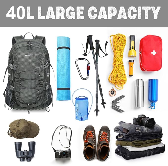 40L Lightweight Hiking Backpack Travel Packable Daypack for Women and Men, Grey
