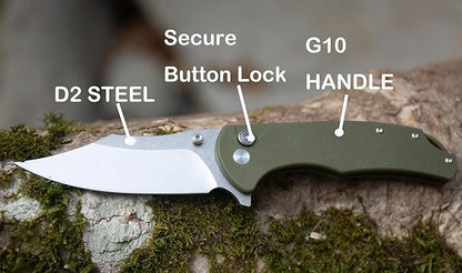 FD04 Folding Pocket Knife, D2 Steel Blade G10 Handle and Button Lock EDC Pocket Cool Knife for Men and Women, Camping Hunting Hiking Fishing Knives Tools (Green Clip)