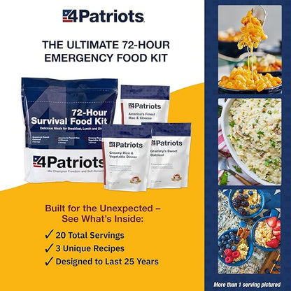 4Patriots 72-Hour Survival Food Kit: Disaster-Resistant Emergency Food With Incredible Variety Designed to Last 25 Years in Emergency Food Pouches, 20 Servings of Delicious Freeze-Dried Food, Emergency Rations For Your Disaster Food Supply
