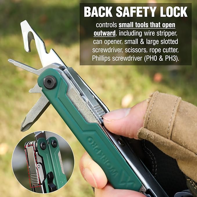 WORKPRO 18-in-1 Multi Tool Pliers, Stainless Steel EDC Multitool with Pocket Knife, 2 Safety Locks, Belt Clip and Oxford Pouch, Multipurpose Utility Multiuse Tool for Camping Outdoor Activities