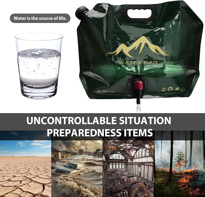 2PC-Collapsible Water Container Bag with Spigot,Outdoor Water Container,BPA Free Food Grade Water Jug,Folding Water Storage Bag for Camping,Hiking & Survival Kit,Sport,8L/2.1Gallon,-Beige/Green