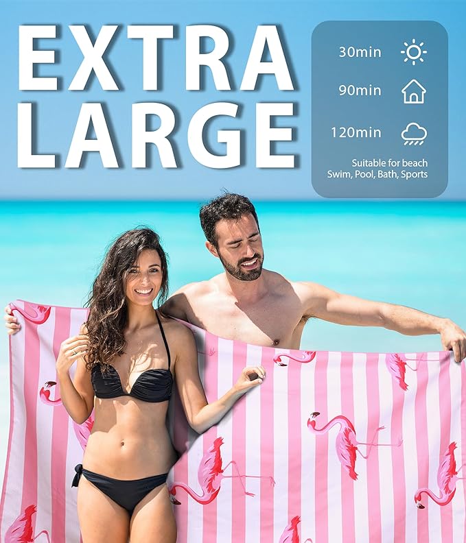 Microfiber Beach Towel – Flamingo Quick Dry Lightweight Sand Free Oversized Large Towel Accessories Travel Must Have Swim Pool Yoga Camping Gear Summer Cruise Ship Essentials Cloud Compact Gift