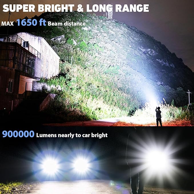 Rechargeable LED Flashlights High Lumens,900000 Lumen Super Bright Flashlight with USB Output, 14 Hours Runtime 5000ɱAh Large Capacity Flash Light, Powerful Flashlight for Home, Camping