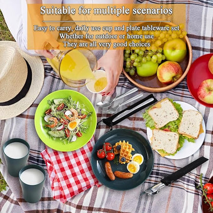 Camping Utensils Mess Kit, Including Camping Spoon, Fork, Knife, Plate and Cup Packed in a Portable Bag, Easy to Carry, Dishwasher Safe