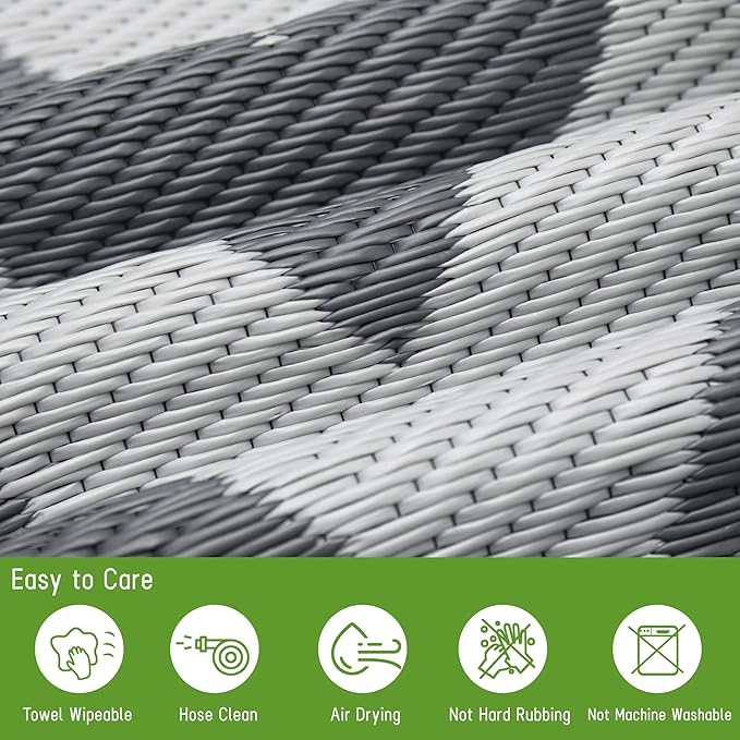 Easy-Going Reversible Outdoor Rugs 5x8ft Waterproof Plastic Straw Rug Stain & UV Resistant Floor Mat for Patio Porch RV Backyard Pool Deck Picnic Beach Trailer Camping (Waved Grey & Light Grey)