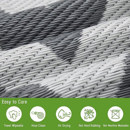 Easy-Going Reversible Outdoor Rugs 5x8ft Waterproof Plastic Straw Rug Stain & UV Resistant Floor Mat for Patio Porch RV Backyard Pool Deck Picnic Beach Trailer Camping (Waved Grey & Light Grey)