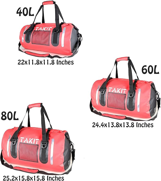 Waterproof Duffle Bag Travel Dry Bag 500D PVC for Motorcycle Tail Kayaking Rafting Boating Swimming Camping Hiking Beach Fishing (Red, 60L)