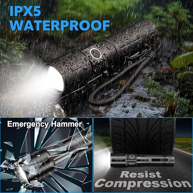 Rechargeable Flashlights High Lumens 20,000LM Super Bright LED Flashlight with Dimmable, Zoomable Beam Tactical Strong Lights, 6Modes Small Powerful Waterproof Flashlight for Camping Emergencies