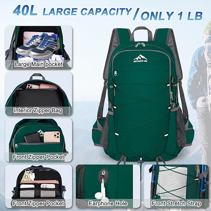BKNOOU 40L Lightweight Hiking Backpack Packable Camping Backpack Waterproof Hiking Daypack Men Women Foldable Travel Daypack