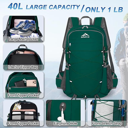BKNOOU 40L Lightweight Hiking Backpack Packable Camping Backpack Waterproof Hiking Daypack Men Women Foldable Travel Daypack