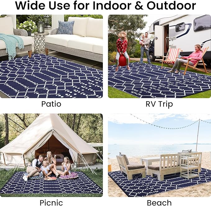 Smiry Outdoor Rug 6x9 ft, Waterproof Reversible Plastic Straw Rugs, Boho Outdoor Area Rug, Outside Floor Mat for Patio, Backyard, Deck, Picnic, Beach, Camping, Navy