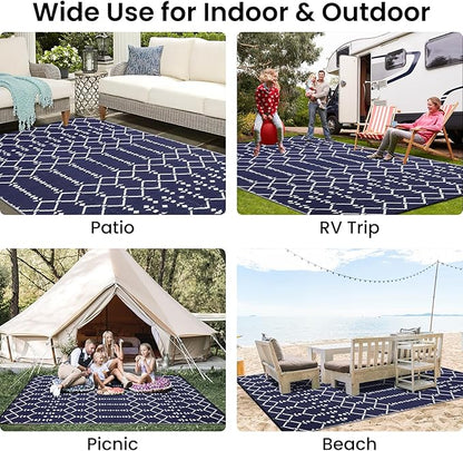 Smiry Outdoor Rug 6x9 ft, Waterproof Reversible Plastic Straw Rugs, Boho Outdoor Area Rug, Outside Floor Mat for Patio, Backyard, Deck, Picnic, Beach, Camping, Navy