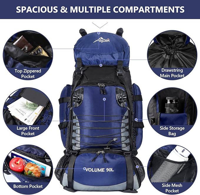 Hiking Backpack with Rain Cover, 90L Camping Backpack, Lightweight Travel Daypack for Hiking Climbing Camping Touring -No Internal Frame