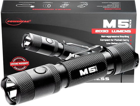 PowerTac M5 GEN3 - The Crescent Wrench of Tactical LED Rechargeable Flashlights. Intense 2030 Lumens, 330M Throw with Ample Fill for Closer Distances, Enhanced Magnetic Charging