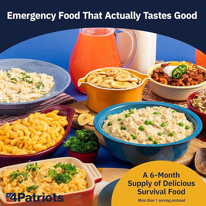 4Patriots 6-Month Survival Food Kit - Emergency Food, Freeze Dried Food, Designed To Last 25 Years, 1,424 Servings Of Breakfast, Lunch, Dinner, 270,080 Calories, Disaster-Resistant Packaging