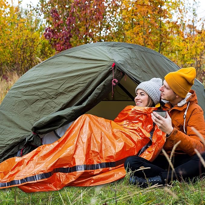 8 Pack Emergency Sleeping Bag Lightweight Thermal Survival Sleeping Bag Waterproof Emergency Blankets Portable Bivy Sack Survival Gear for Outdoor Camping Hiking Adventure, Green and Orange