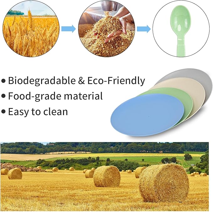 Wheat Straw Dinnerware Sets for 6, 31 Piece Unbreakable Outdoor Cutlery Set. Reusable plates and cups set for camping, picnics, RV trips, and party grills. (Green)