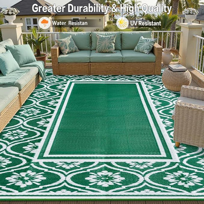 Outdoor Rug 8x10 Patio Waterproof Mat Camping Carpet Outside Area Rug Reversible Green Rugs for RV Deck Entryance Porch Picnic Balcony Beach