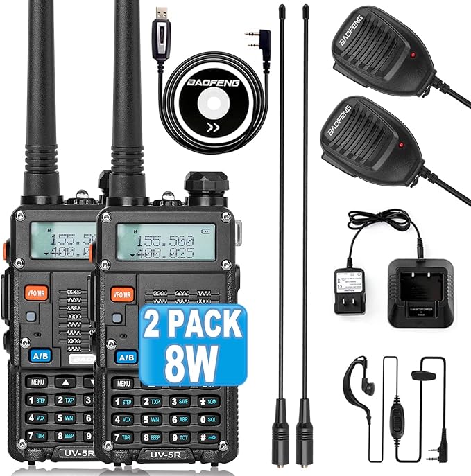 Ham Radio, BAOFENG 8W Dual Band Two Way Radio Long Range, Handheld UV5R Radio, Professional 2 Way Radios with Rechargeable Battery, Charger, Earpieces, Mic and Programming Cable (2 Pack)