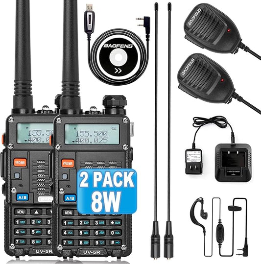 Ham Radio, BAOFENG 8W Dual Band Two Way Radio Long Range, Handheld UV5R Radio, Professional 2 Way Radios with Rechargeable Battery, Charger, Earpieces, Mic and Programming Cable (2 Pack)