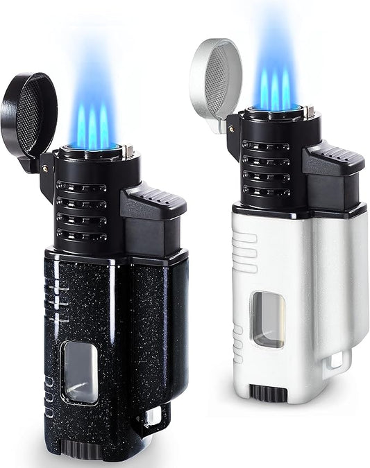 2 Pack Torch Lighter Triple 3 Jet Flame Adjustable Lighter Windproof Refillable Butane Gas Lighter Fuel Visible Pocket Lighter in a Gift Box(Fluid Not Included) Pearl Black&Pearl White