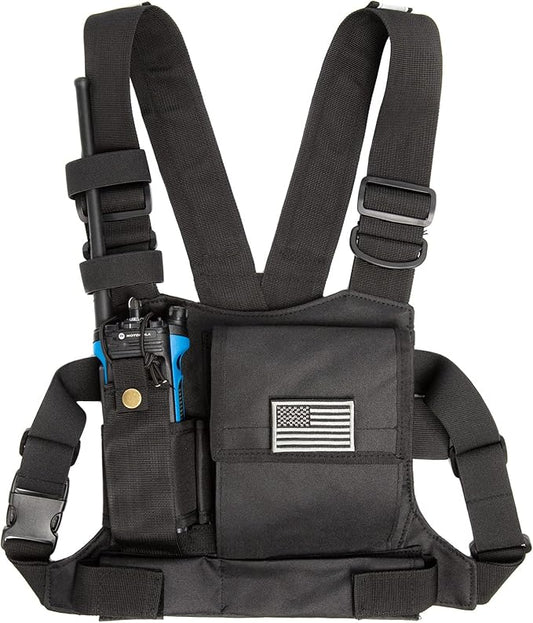 LUITON Radio Chest Harness with Reflective Strips Shoulder Holster Radio Vest Holder Two Way Radio Vest Rig Walkie Talkie Case with Front Pack Pouch for Motorola/Midland/Baofeng/Retevis
