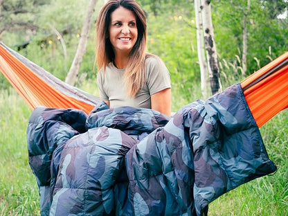 Down Camping Blanket - Puffy, Packable, Lightweight and Warm | Ideal for Outdoors, Travel, Stadium, Festivals, Beach, Hammock | 650 Fill Power Water-Resistant Backpacking Quilt