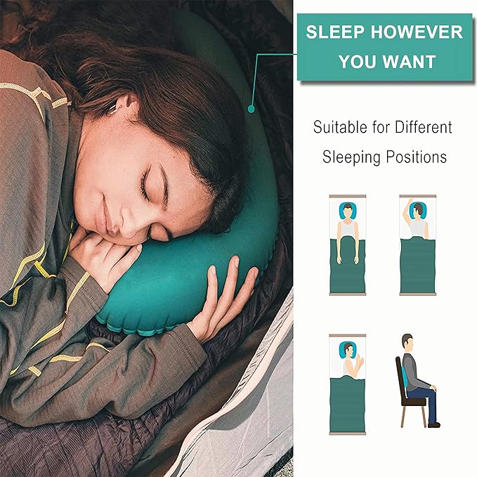 Portable Inflatable Neck Pillow for Outdoor Travel, Camping, Office Naps-Polyester，Color Available-Simple and Comfortable (Cyan)