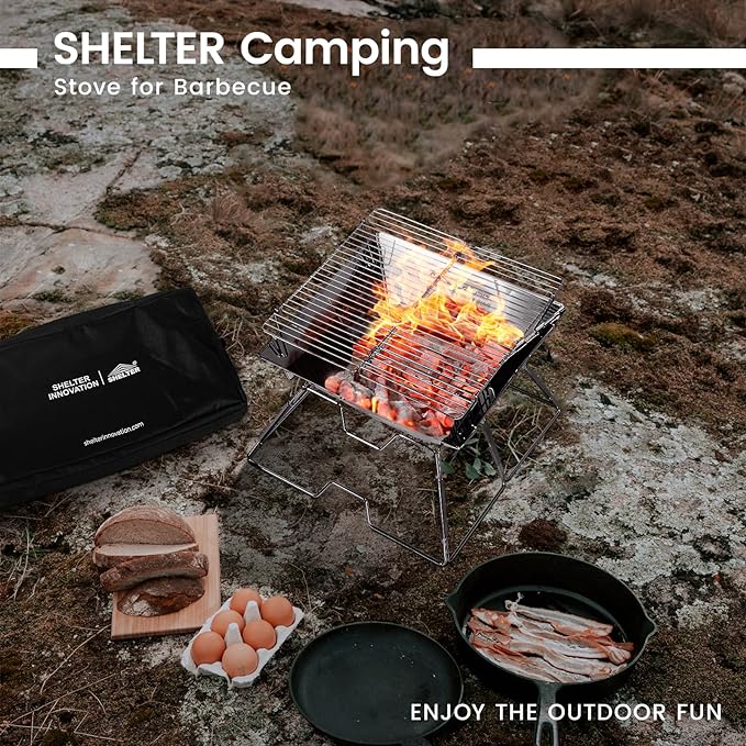 Camping Grill, Camping Cooking, Collapsible Fire Pit, Camp Fire Grills for Traveling, Camping, Picnicking, Cooking at the beach, By SHELTER