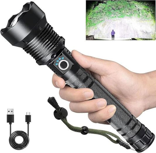 Rechargeable Flashlights 900,000 Lumens, Super Bright LED Flashlight High Lumens with USB Cable, 5 Modes Waterproof Flashlight Powerful Flash Light for Camping, Black