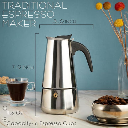 Mixpresso 6 Cup Greca Stovetop Espresso Maker, Moka Coffee Pot with Percolator Design, Stainless Steel Italian Coffee Maker, 300ml/10oz