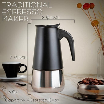 Mixpresso 6 Cup Greca Stovetop Espresso Maker 10oz, Moka Pot with Coffee Percolator Design, Stainless Steel Stove Top Coffee Maker for Camping or Home, Italian Coffee Maker Stovetop, Black Coffee Pot