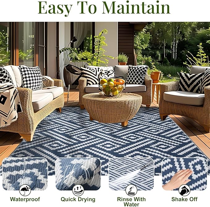 OPPODREAM Outdoor Rug 9x12 Patio Waterproof, Large Outdoor Plastic Straw Rug, Reversible Out Door Carpet for Camping, Deck, Rv, 9 x 12 Area Carpet for Balcony, Porch, Backyard, White and Navy Blue