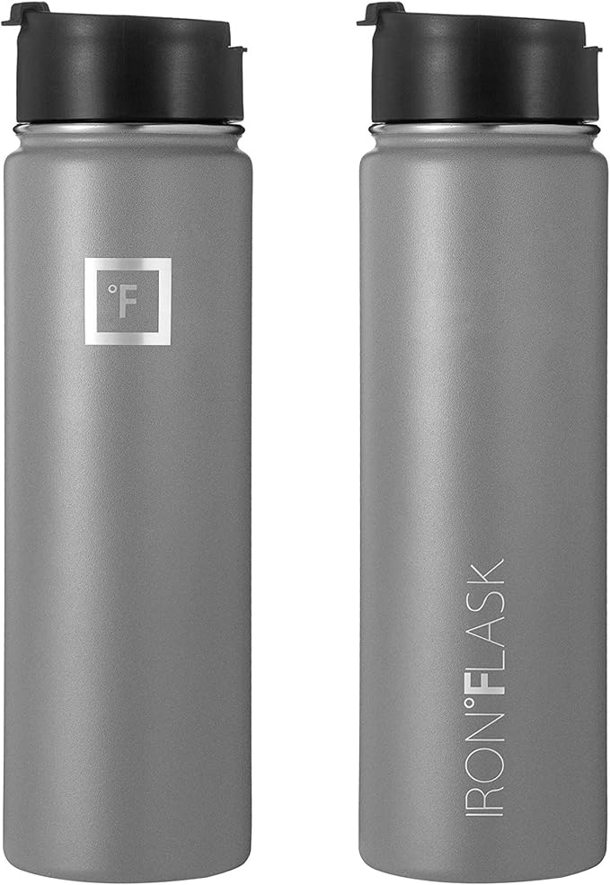 IRON °FLASK Sports Water Bottle - Wide Mouth with 3 Straw Lids - Stainless Steel Gym & Outdoor Bottles for Men, Women & Kids - Double Walled, Insulated Thermos, Metal Canteen - Graphite, 22 Oz