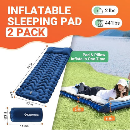 KingCamp Sleeping Pads for Camping, Self Inflating Camping Mattress with Built-in Foot Pump, Connectable Durable Inflatable Sleeping Mat with Pillow, Compact Camping Air Mattress for Camping Hiking